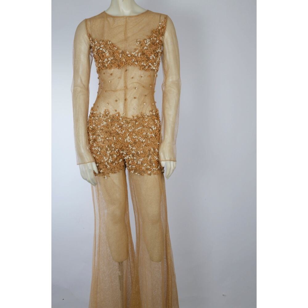 VTG One of a Kind Couture Jumpsuit Sheer Metallic Gold Beaded Wide Leg Designer - Picture 7 of 16